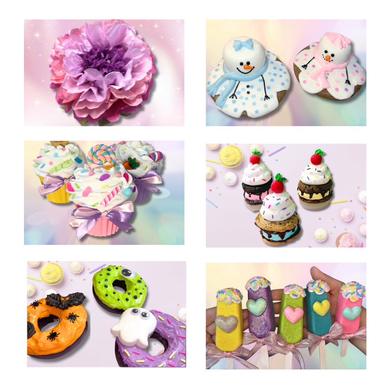 Collage of DIY craft projects including faux dessert cupcakes, cake pops, and colorful handmade decorations