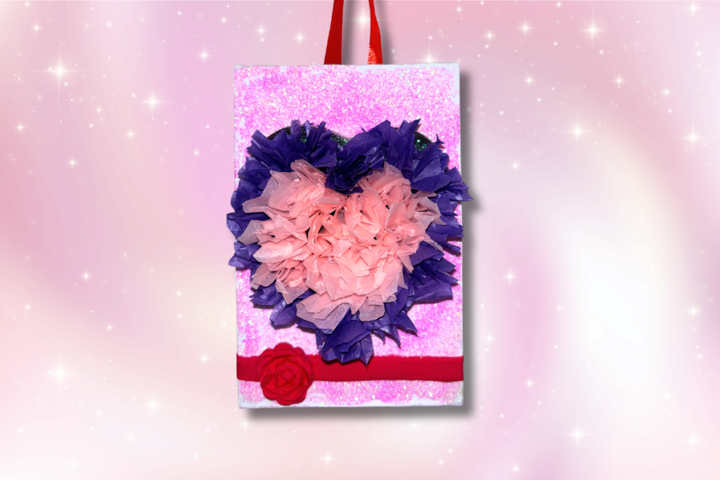 DIY heart wall art made with air dry foam clay and tissue paper