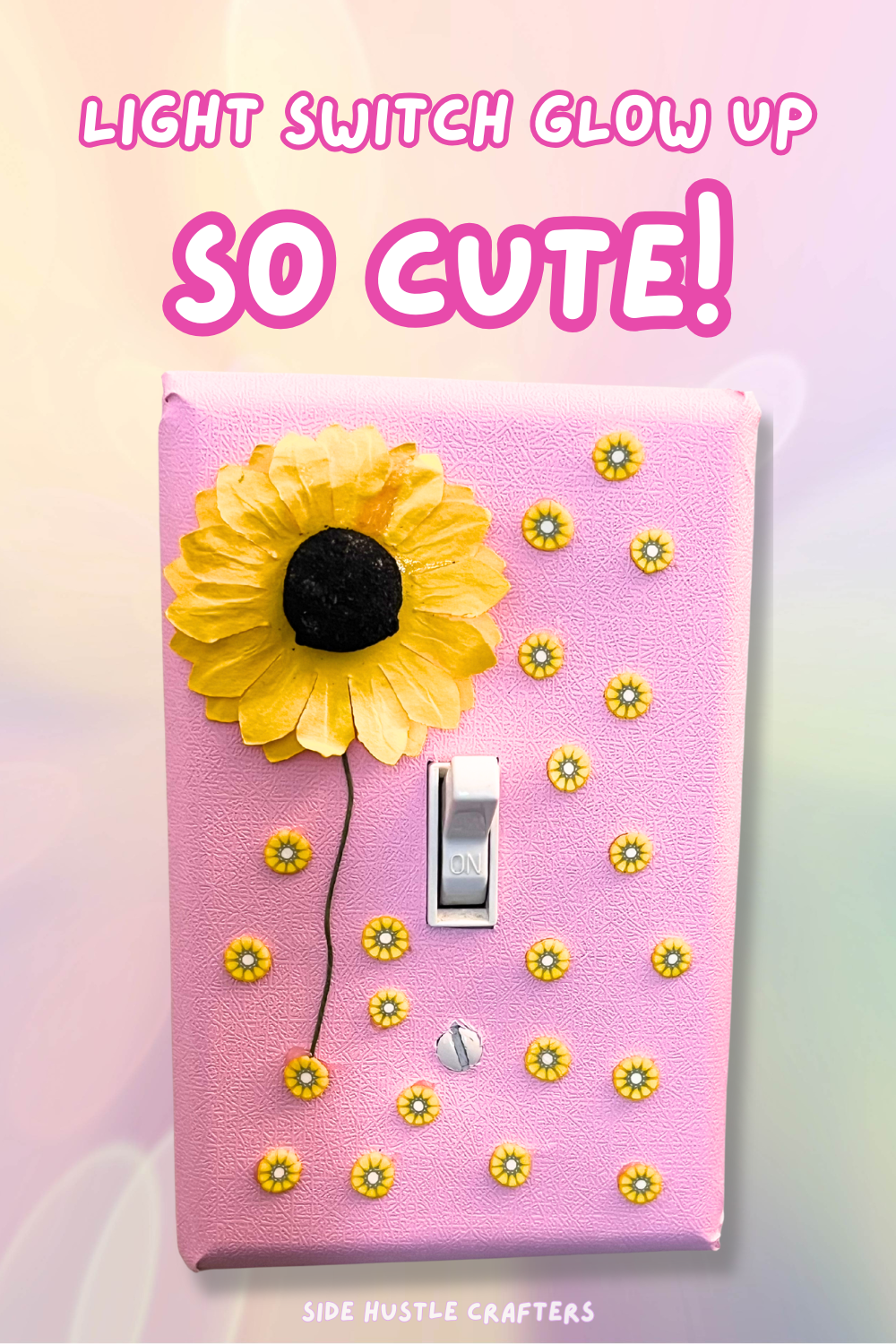 DIY light switch decor idea using peel and stick wallpaper and craft decorations