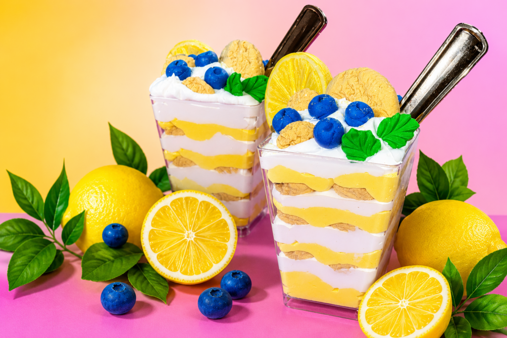 No bake lemon cookie trifle made with air dry foam clay and spackle layered with lemon filling blueberries and whipped topping
